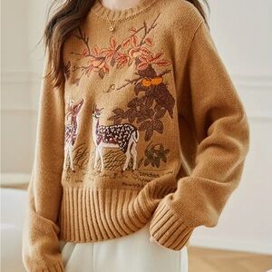 Cozy Deer Embroidered Crew Neck Sweater